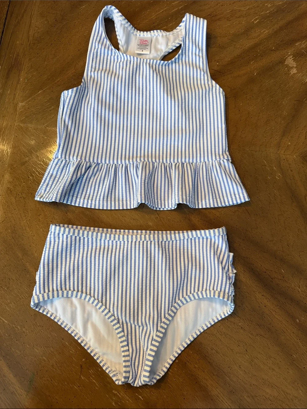 Ruffle Butts Light Blue & White Striped Peplum Tankini Set